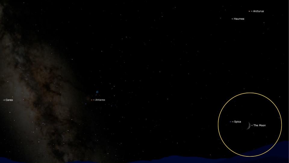 In the graphic showing the Moon shining close to Spica, the pair is surrounded by a yellow circle.