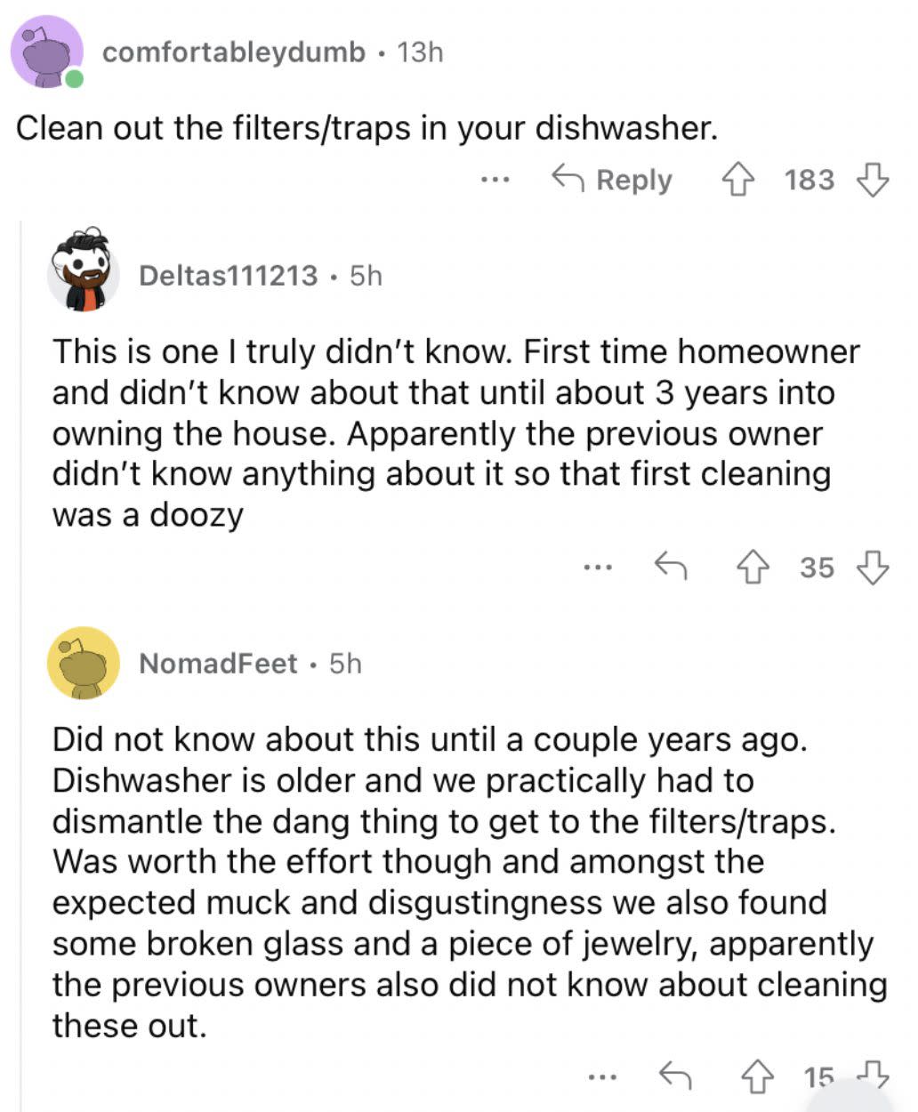 Reddit screenshot about cleaning out the filters in your dishwasher.
