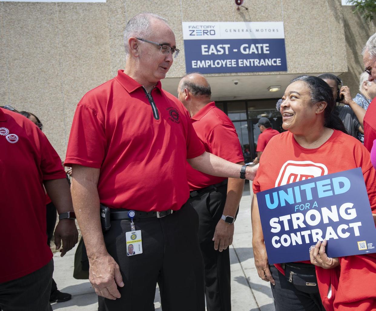 UAW President Shawn Fain speaks with General Motors workers on July 12, 2023, in Detroit. <a href="https://www.gettyimages.com/detail/news-photo/united-auto-workers-president-shawn-fain-speaks-with-and-news-photo/1528218013?adppopup=true" rel="nofollow noopener" target="_blank" data-ylk="slk:Bill Pugliano/Getty Images;elm:context_link;itc:0;sec:content-canvas" class="link ">Bill Pugliano/Getty Images</a>