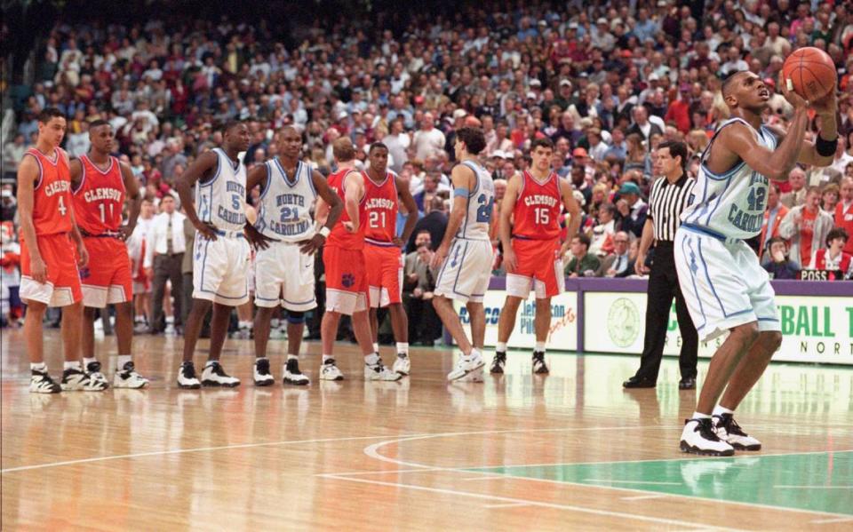 Stackhouse (42) shoots technical foul shots after Clemson coach Rick Barnes was assessed the foul for arguing with an official near the end of the game.