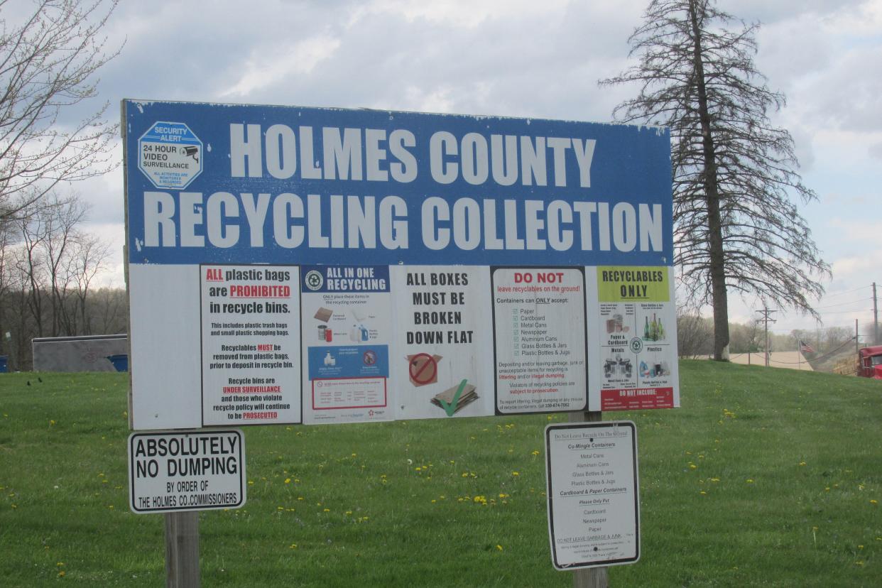 A billboard at the Holmes County Recycling Center on County Road 349 explains what can and cannot be left at the center. For items not allowed, the county is hosting a recycling day to get rid of household hazardous materials. The recycling day is 8 a.m.-noon May 4.