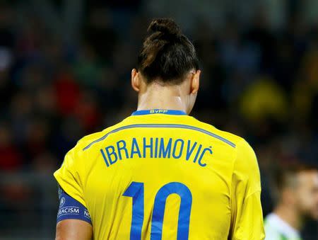 Sweden's Zlatan Ibrahimovic walks during their Euro 2016 group G qualification soccer match against Liechtenstein in the Rheinpark stadium in Vaduz, Liechtenstein October 9, 2015. REUTERS/Ruben Sprich