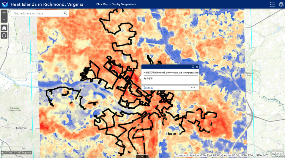 A heat island map of Richmond, Va., shows the temperature differences across various communities on the same day.