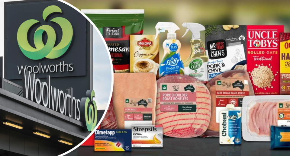 Insert of Woolworths sign next to a range of products that will be cheaper