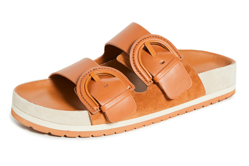 sandals, tan, slides, double strap, vince