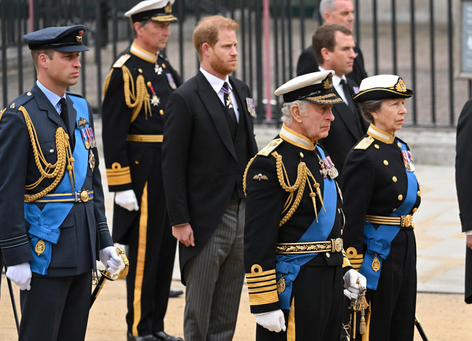 LONDON, ENGLAND - SEPTEMBER 19: (L-R) Prince William, Prince of Wales, Timothy Laurence, Prince Harry, Duke of Sussex, King Charles III, Peter Phillips and Anne, Princess Royal during the State Funeral of Queen Elizabeth II at Westminster Abbey on September 19, 2022 in London, England. Elizabeth Alexandra Mary Windsor was born in Bruton Street, Mayfair, London on 21 April 1926. She married Prince Philip in 1947 and ascended the throne of the United Kingdom and Commonwealth on 6 February 1952 after the death of her Father, King George VI. Queen Elizabeth II died at Balmoral Castle in Scotland on September 8, 2022, and is succeeded by her eldest son, King Charles III. (Photo by Karwai Tang/WireImage)