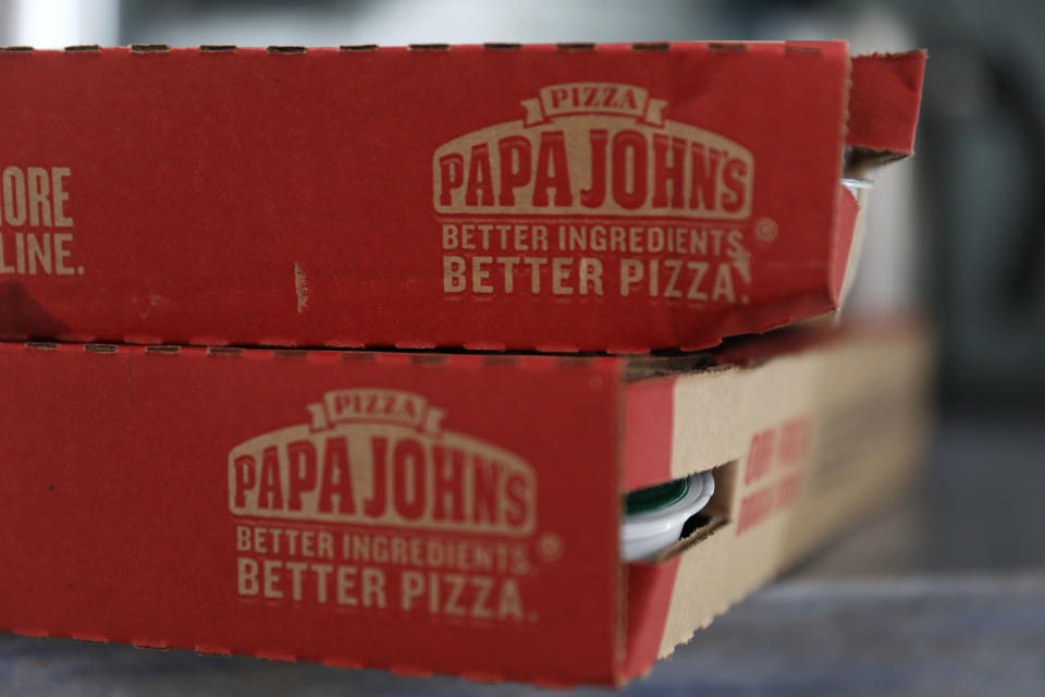 MIAMI, FL - JULY 11:  In this photo illustration, a Papa John's pizza box is seen on July 11, 2018 in Miami, Florida. The founder of Papa John's pizza, John Schnatter, apologized Wednesday for using the N-word on a conference call in May.  (Photo illustration by Joe Raedle/Getty Images)