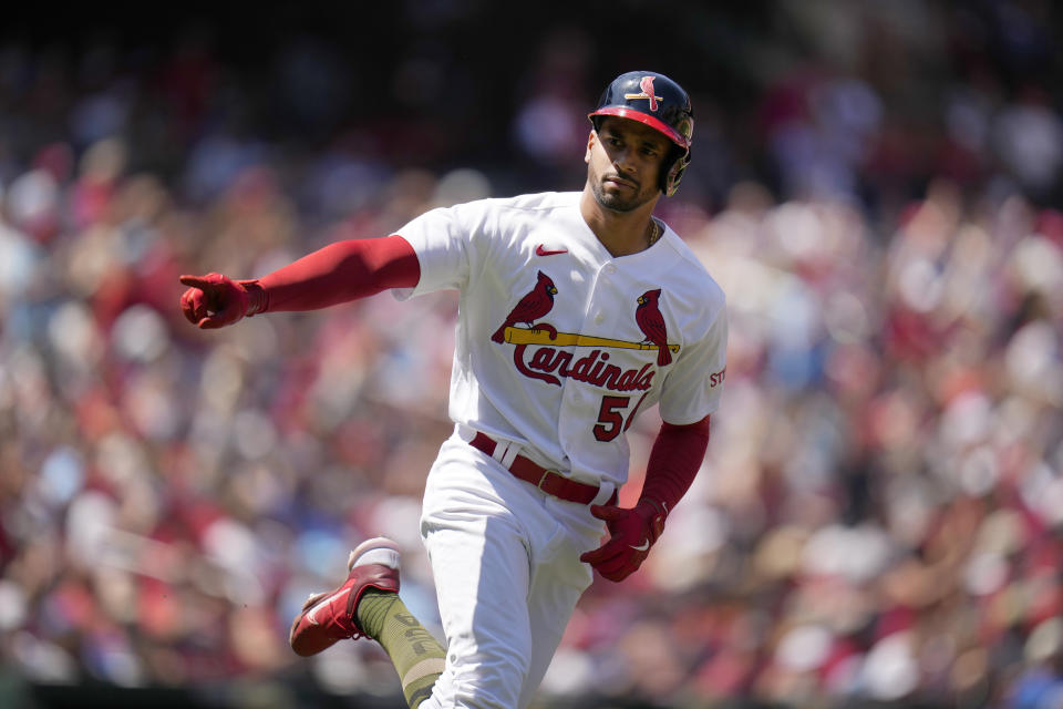 St. Louis Cardinals' Oscar Mercado celebrates after hitting an RBI single during the fourth inning of a baseball game Sunday, May 21, 2023, in St. Louis. (AP Photo/Jeff Roberson)