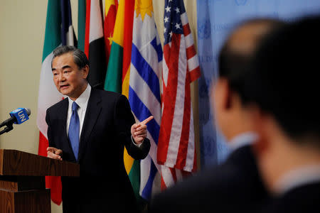 Wang Yi, Chinese Minister for Foreign Affairs, speaks before a meeting of the Security Council inside of United Nations (U.N.) headquarters in New York, U.S., April 28, 2017. REUTERS/Lucas Jackson