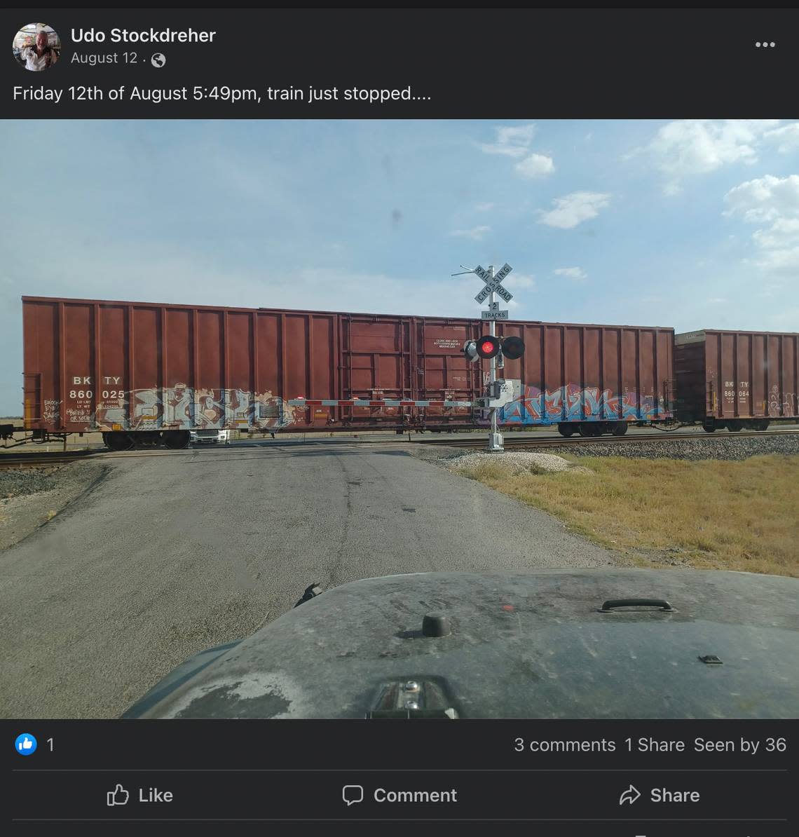 A post on the Gander Slough Blocked Crossing Facebook page shows a train blocking the road outside of Kingsbury, Texas.