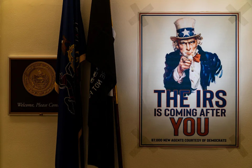 WASHINGTON, DC - NOVEMBER 14: A poster claiming The IRS is coming after you is seen outside of the office of Rep. Mike Kelly (R-PA) in the Longworth House Office Building on Capitol Hill on Monday, Nov. 14, 2022 in Washington, DC. Tomorrow, House Republicans will hold elections for leadership positions in the 118th Congress.  (Kent Nishimura / Los Angeles Times via Getty Images)