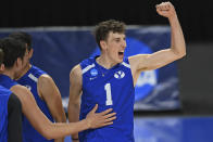 BYU's Davide Gardini (1) celebrates after a BYU point during the NCAA men's volleyball championship match against Hawaii, Saturday, May 8, 2021, in Columbus, Ohio. (AP Photo/David Dermer)