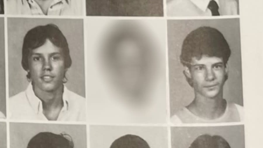 A 1985 Three Rivers High School yearbook shows Mike Warner (left) and Robert Waters (right).