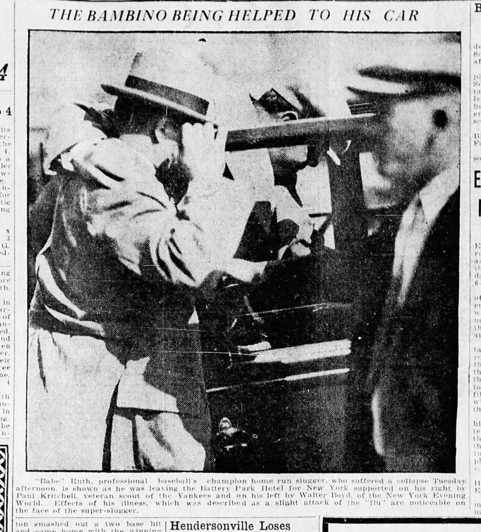 Babe Ruth is being helped into a car at Battery Park Hotel in Asheville in this image published April 9, 1925, in the Asheville Citizen.