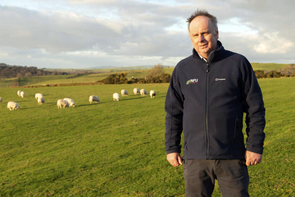 In this photo taken on Monday, Jan. 28, 2019, Wyn Evans, farmer and chairman of the National Farmers Union Welsh Livestock Board poses for a photo on his farm, in Ceredigion, West Wales. U.K. meat producers are particularly vulnerable to the threat of a no-deal Brexit. That’s because 90 percent of their exports go to EU countries, meaning many would find themselves in jeopardy because of the tariffs and border delays that would follow a disorderly exit from the bloc. (AP Photo/Jo Kearney)