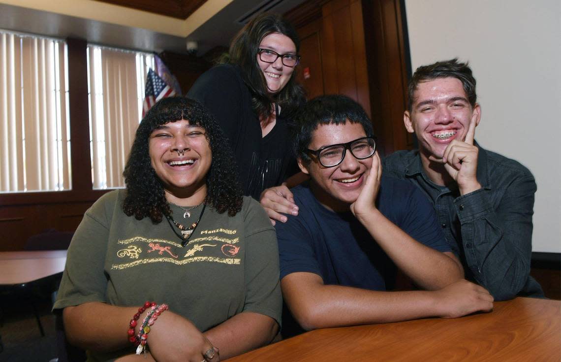 Kenissa Austin, 18, Madison Griffith, 18, Victor Rivera, 18 and Chris Garrett, 17, are Fresno High students who are part of the state’s new CalKIDS college savings program. Photographed Wednesday, Aug. 17, 2022 in Fresno.