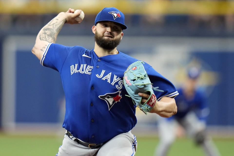 Toronto Blue Jays starting pitcher Alek Manoah delivers to the Tampa Bay Rays during the first inning of a baseball game Thursday, May 25, 2023, in St. Petersburg, Fla. (AP Photo/Chris O'Meara)