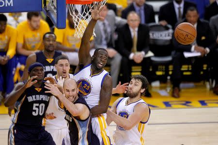 May 3, 2015; Oakland, CA, USA; Golden State Warriors forward Draymond Green (23) is unable to gain control of a rebound against the Memphis Grizzlies during the third quarter in game one of the second round of the NBA Playoffs at Oracle Arena. Mandatory Credit: Cary Edmondson-USA TODAY Sports