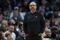 Dallas Mavericks head coach Jason Kidd looks on during the first half of an NBA basketball game against the Charlotte Hornets Tuesday, April 9, 2024, in Charlotte, N.C. (AP Photo/Jacob Kupferman)