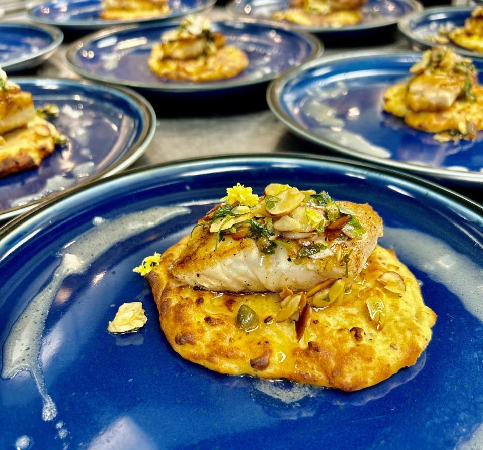 Trout Almondine with crispy potato cakes and beurre blanc was a recent dish prepared for a wine dinner at Epicurean Bistro near Wrightsville Beach, N.C.