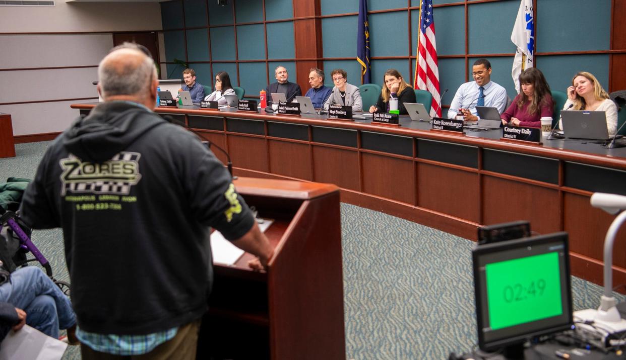 Bloomington council members react to a speaker who was later escorted out of the city council meeting on Wednesday, April 3, 2024. The man was not one of the speakers espousing neo-Nazi ideals.