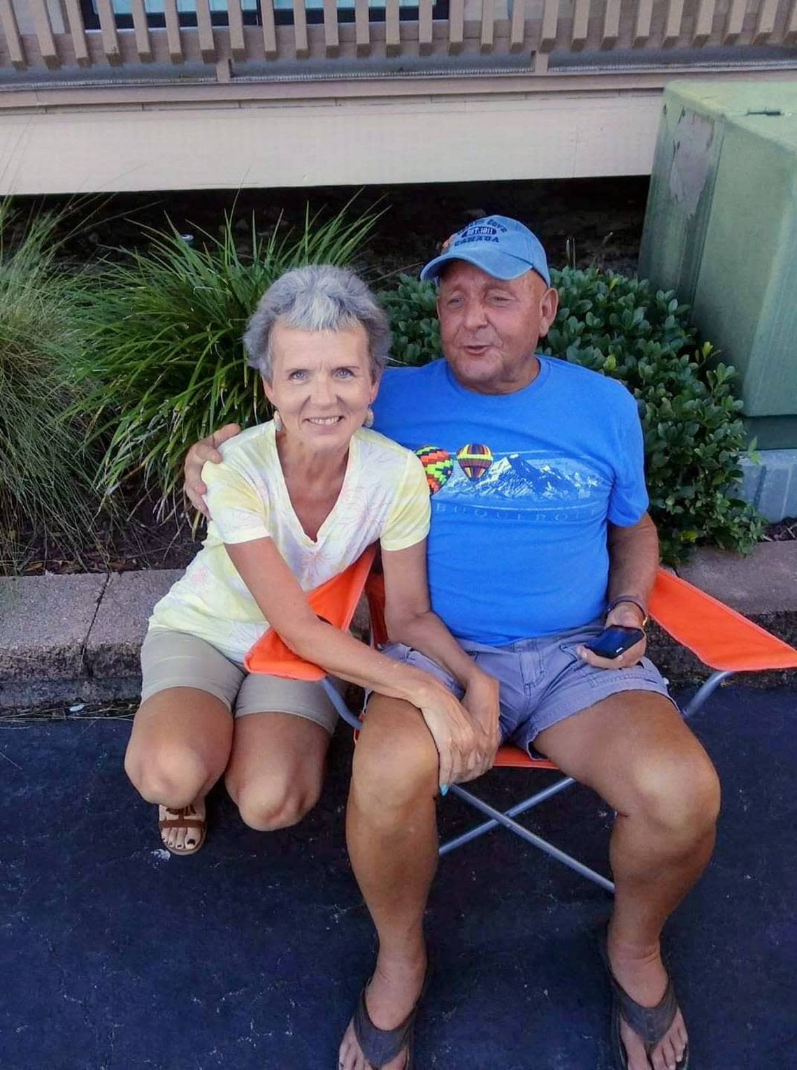 Jerri and Andy Hayes at Inlet Point Villas. The angel statue was put up as a memorial to Andy