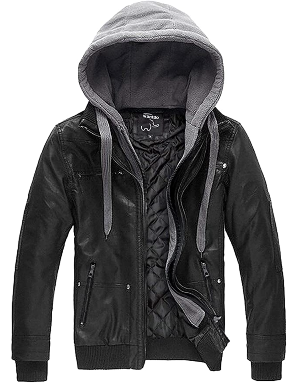 Wantdo Men's Leather Jacket with Removable Hood in black leather (Photo via Amazon)