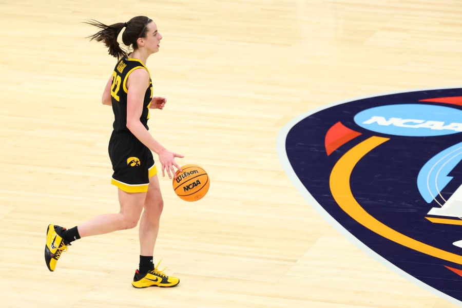 CLEVELAND, OHIO – APRIL 07: Caitlin Clark #22 of the Iowa Hawkeyes dribbles against the South Carolina Gamecocks during the NCAA Women’s Basketball Tournament National Championship at Rocket Mortgage Fieldhouse on April 7, 2024 in Cleveland, Ohio. (Photo by C. Morgan Engel/NCAA Photos via Getty Images)