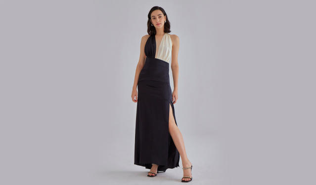 Love Triangle Plunge Front Maxi Dress With Eyelash Lace Train In Navy, $17, Asos