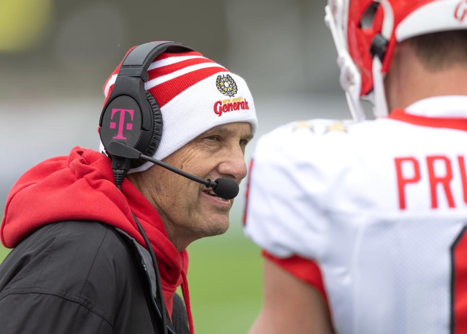 New Jersey Generals coach Mike Riley talks with quarterback Dakota Prukop during their game against the Pittsburgh Maulers at Tom Benson Hall of Fame Stadium Sunday, April 23, 2023. 