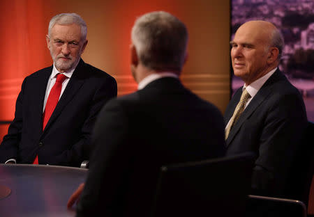 Britain's opposition Labour party leader Jeremy Corbyn, the leader of Britain's Liberal Democrats Vince Cable and Britain's Brexit Secretary Stephen Barclay appear on the BBC's Andrew Marr Show, in London, Britain January 13, 2019. Jeff Overs/BBC/Handout via REUTERS