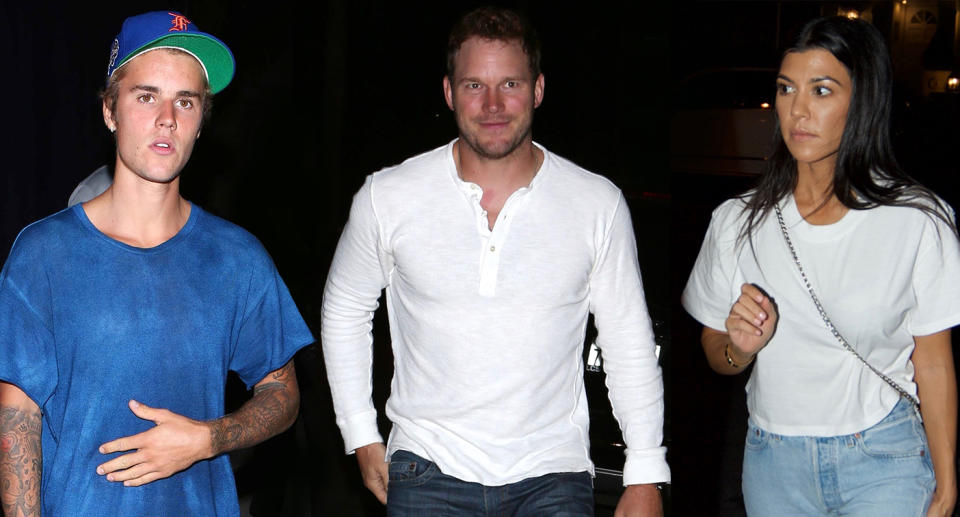 Justin Bieber, Chris Pratt, and Kourtney Kardashian attend a service at Hillsong Church on Wednesday. (Photo: BACKGRID/Splash News)