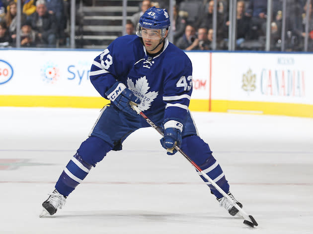 TORONTO, ON - DECEMBER 15: Nazem Kadri #43 of the Toronto Maple Leafs skates with the puck against the Arizona Coyotes during an NHL game at the Air Canada Centre on December 15, 2016 in Toronto, Ontario, Canada. The Coyotes defeated the Maple Leafs 3-2 in an overtime shoot-out. (Photo by Claus Andersen/Getty Images)