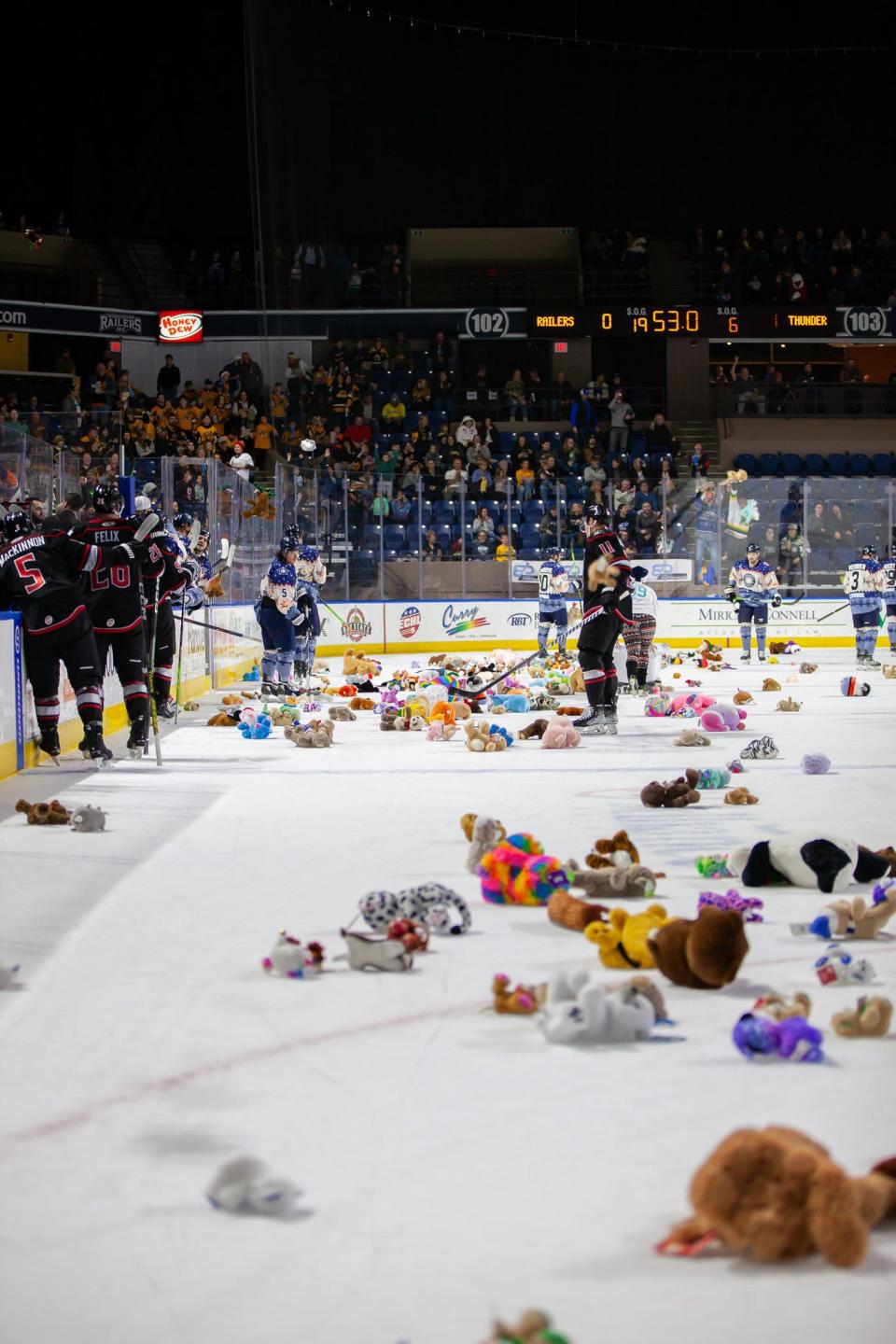 Worcester Railers players collect teddy bears that were tossed onto the ice during a game against the Adirondack Thunder on Saturday at DCU Center.