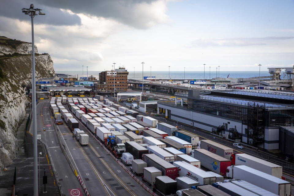 Lorries line up at Frontier control barriers for departure inside the Eastern Dock of the Port of Dover is where the cross channel port is situated with ferries departing here to go to Calais in France on the 29th of September 2020, Dover, Kent, United Kingdom. Dover is the nearest port to France with just 34 kilometres (21 miles) between them. It is one of the busiest ports in the world. As well as freight container ships it is also the main port for P&O and DFDS Seaways ferries.  (photo by Andrew Aitchison / In pictures via Getty Images)