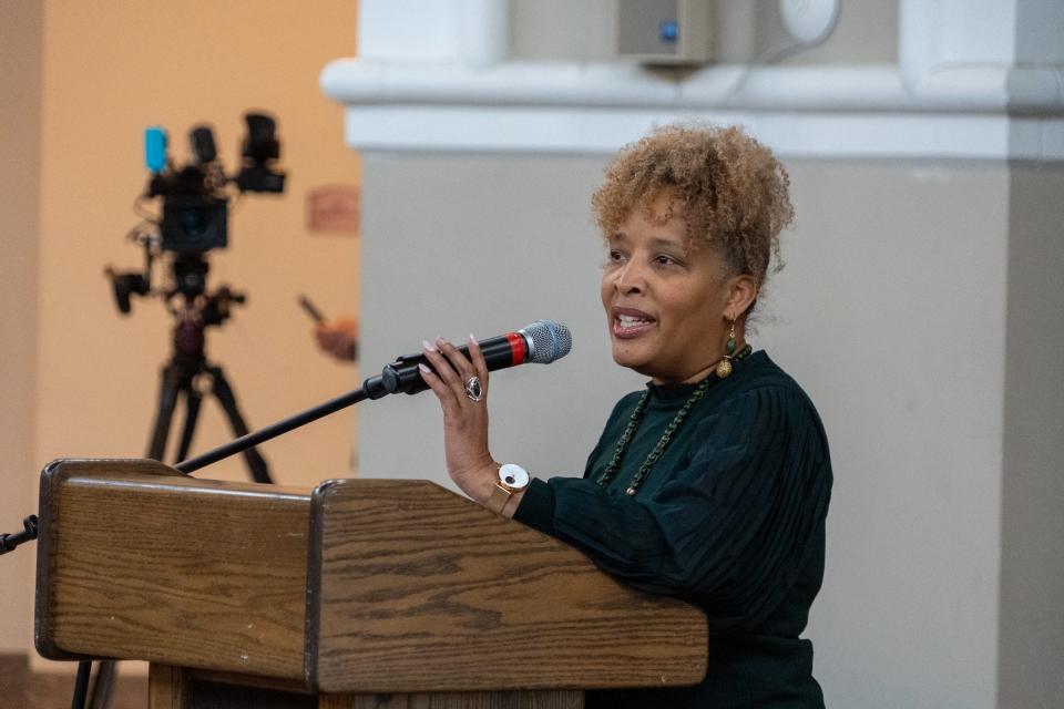 Terri Thomas, executive director of the Cape Fear Regional Vision Resource Center, speaks at a “Dining & Dialogue” luncheon in the Orangery at the Cape Fear Botanical Garden. Attendees learned about resources offered by the Vision Resource Center. The event was sponsored by Fayetteville-Cumberland Human Relations.