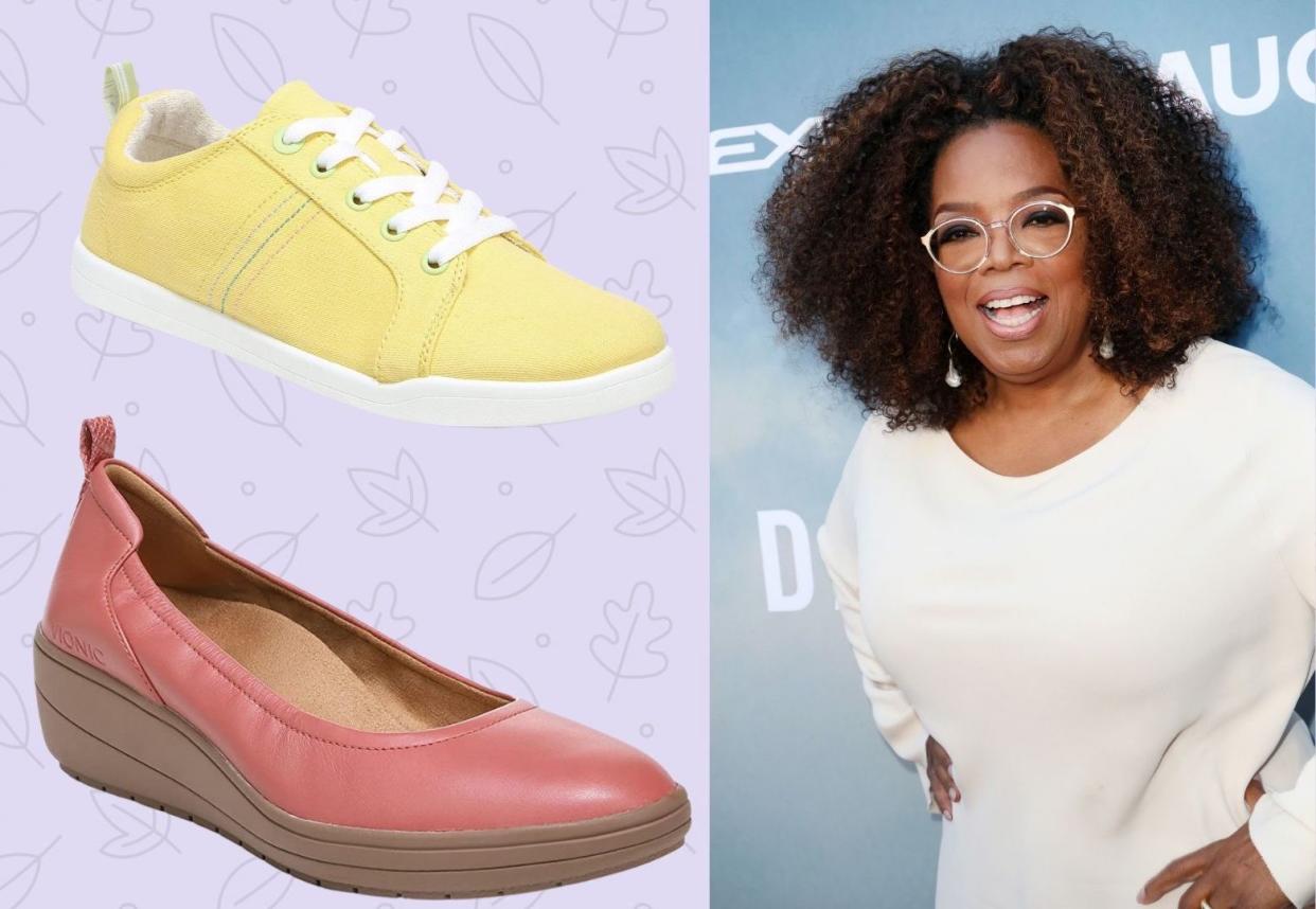 On the left: a yellow sneaker wedge slip on. On the right: Oprah smiling and posing.