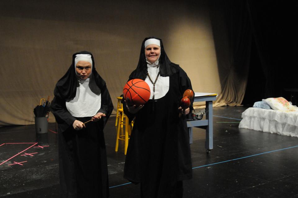 Oh my, what did someone do? Tamera Gindlesperger Fisher, left, portrays second in command Sister Mary Hubert. Kathryn Castner Davis portrays Mother Superior Sister Regina.