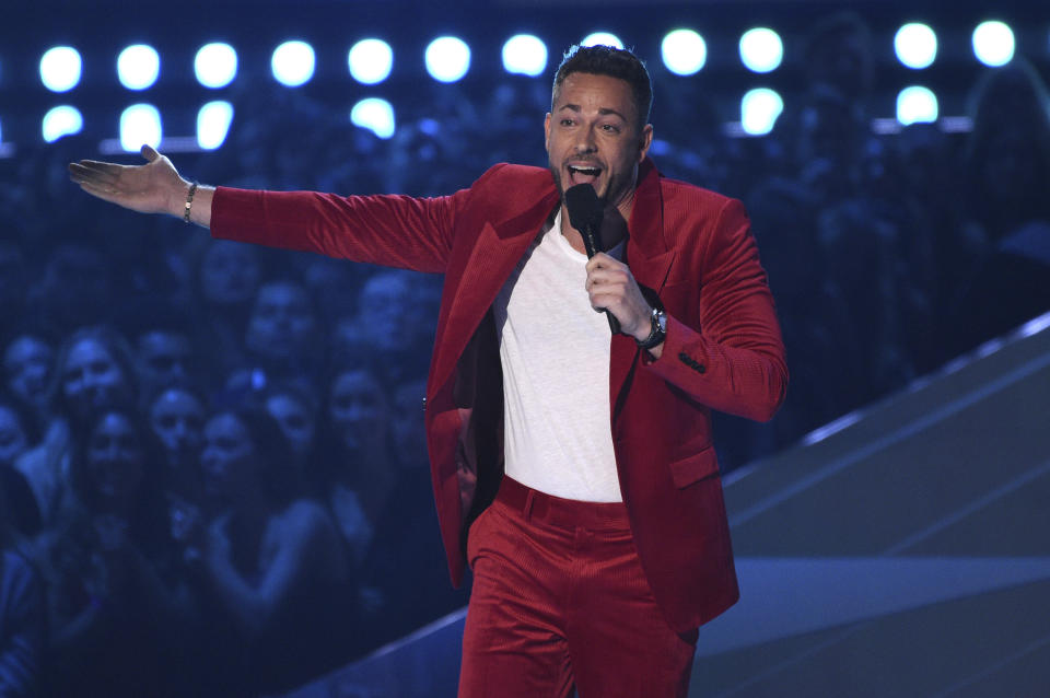 Host Zachary Levi speaks at the MTV Movie and TV Awards on Saturday, June 15, 2019, at the Barker Hangar in Santa Monica, Calif. (Photo by Chris Pizzello/Invision/AP)