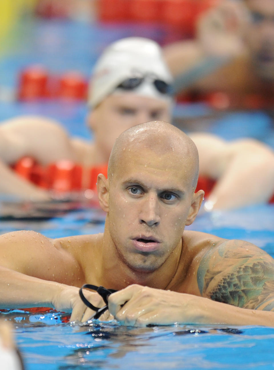 Canada's Brent Hayden reacts after he competed in the heats of the men's 100-metre freestyle swimming event in the FINA World Championships at the indoor stadium of the Oriental Sports Center in Shanghai on July 27, 2011. AFP PHOTO / FRANCOIS XAVIER MARIT (Photo credit should read FRANCOIS XAVIER MARIT/AFP/Getty Images)