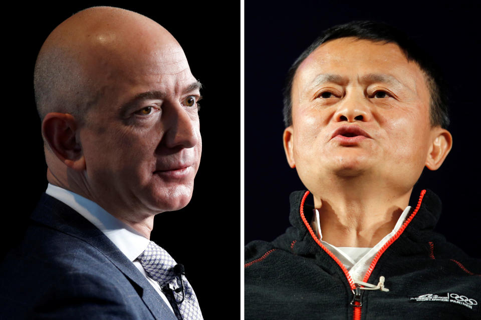 Amazon CEO Jeff Bezos, the richest man in the world, and Alibaba Co-Founder Jack Ma, one of the richest men in China. (Photo: Amir Cohen, Joshua Roberts/REUTERS)