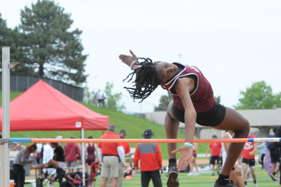 Salina Central's Mykayla Cunningham clears a height during the Class 5A regional No. 6 meet Friday, May 20, 2022 at Welch Stadium in Emporia.