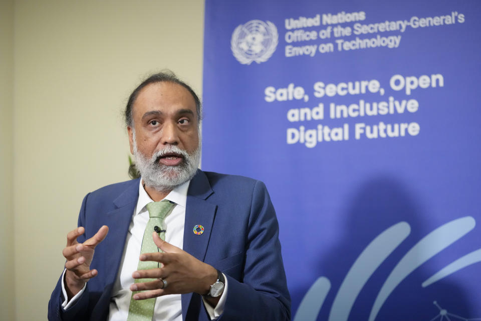 Amandeep Singh Gill, the United Nations tech policy chief, speaks during an interview with The Associated Press, Friday, Sept. 22, 2023, at U.N. headquarters. (AP Photo/Mary Altaffer)
