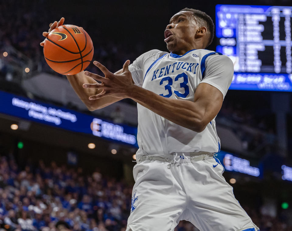 Ugonna Onyenso #33 of the Kentucky Wildcats rebounds the ball during the game against the Vanderbilt Commodores at Rupp Arena on March 6, 2024 in Lexington, Kentucky. (Photo by Michael Hickey/Getty Images)