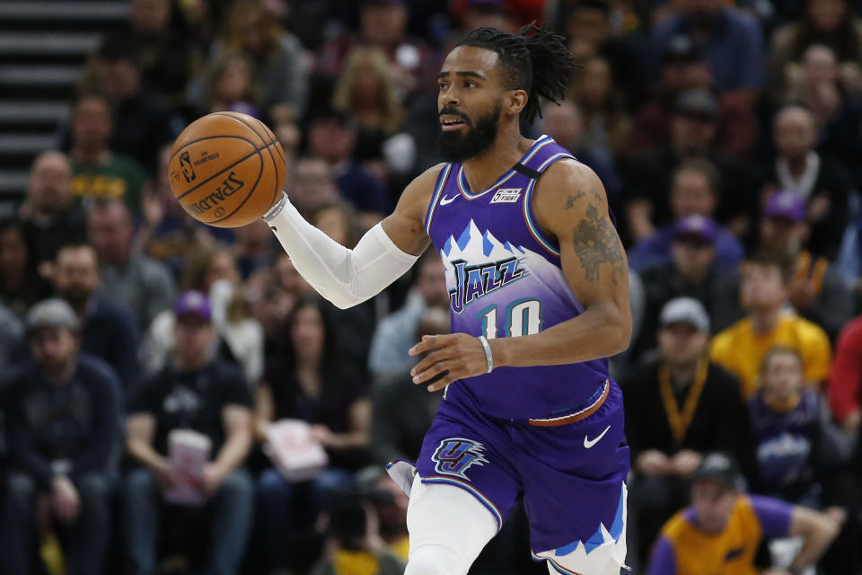 Utah Jazz guard Mike Conley (10) brings the ball up court in the second half during an NBA basketball game against the Houston Rockets Monday, Jan. 27, 2020, in Salt Lake City. (AP Photo/Rick Bowmer)