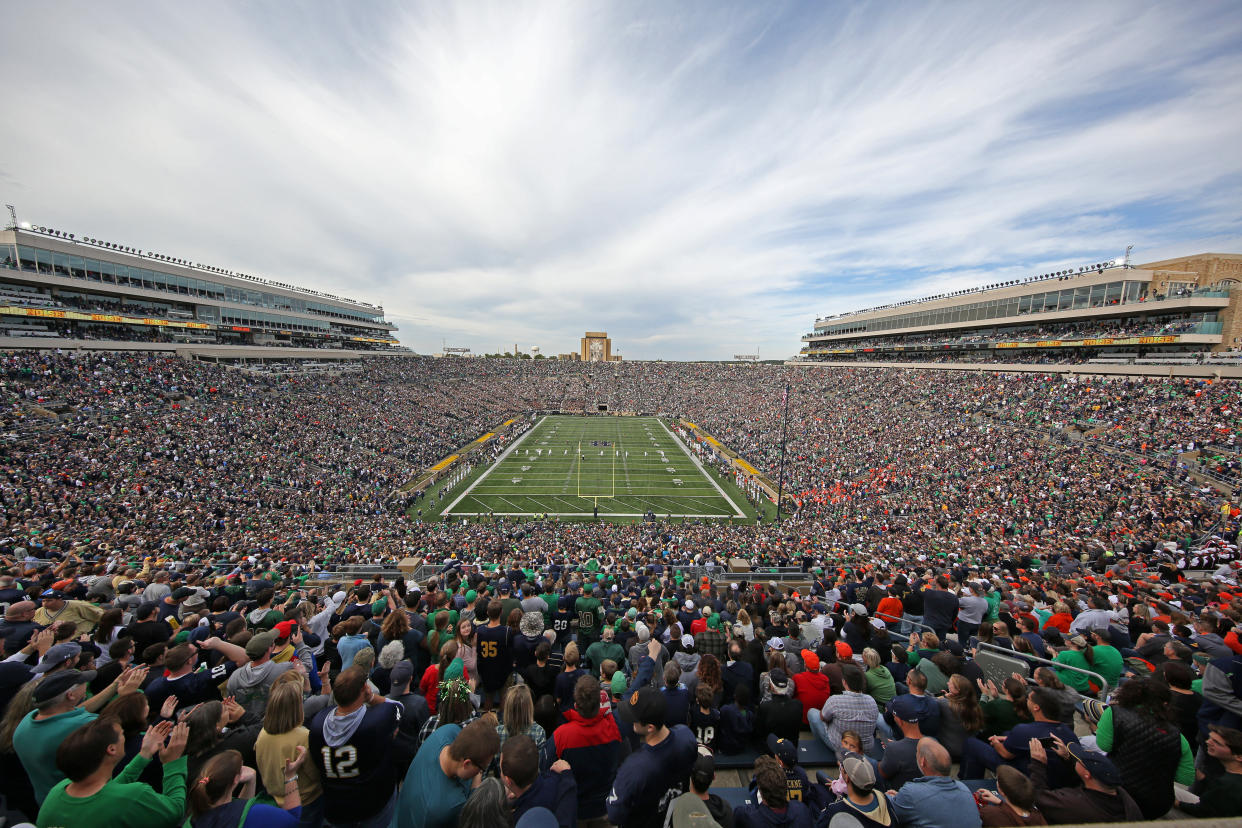 SOUTH BEND, IN - OCTOBER 05: A wide angle general view of the Notre Dame Fighting Irish playing against the Bowling Green Falcons during the first quarter on October 05, 2019, at Notre Dame Stadium in South Bend, Indiana. (Photo by Brian Spurlock/Icon Sportswire via Getty Images)