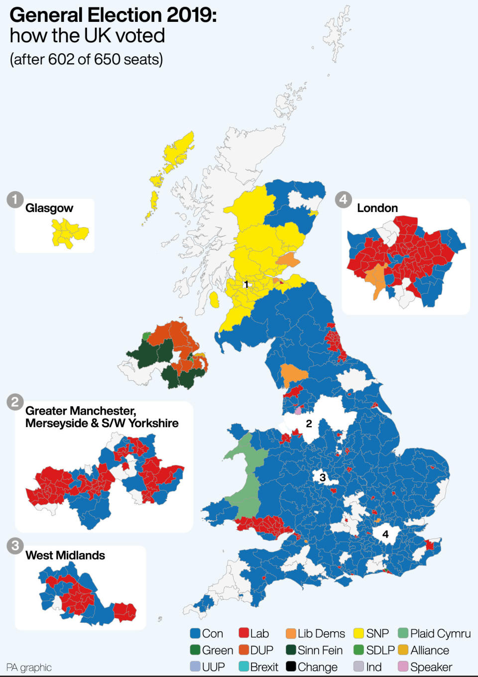 General Election 2019 how the UK voted after 602 0f 650 seats. See story POLITICS Election. Infographic PA Graphics