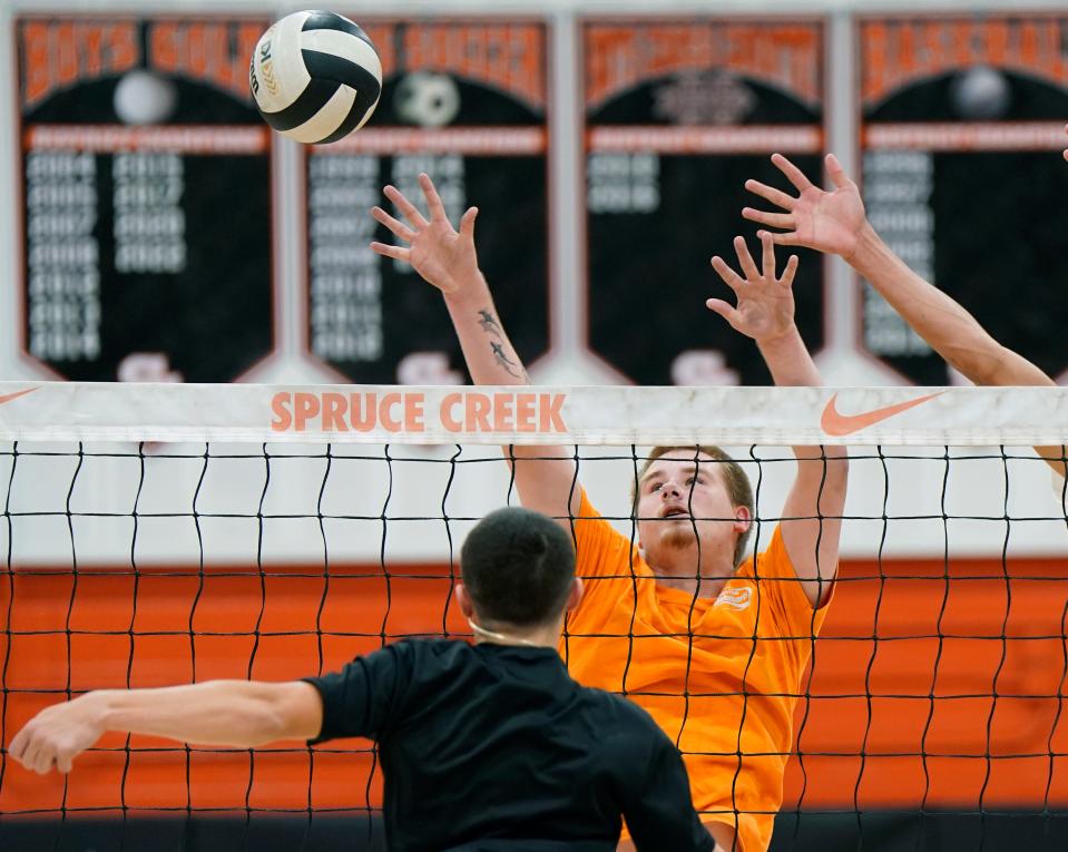 Spruce Creek boys volleyball player Finn Rich during practice at the school, Thursday, April 25, 2024.