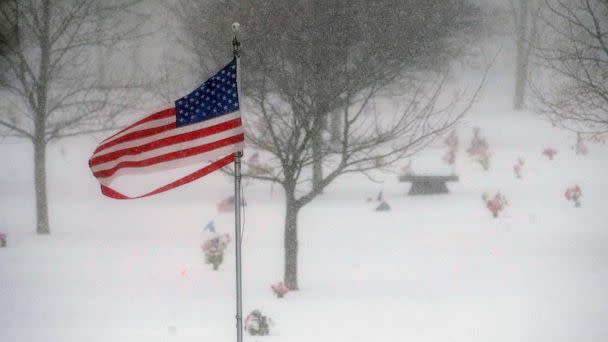 PHOTO: FILE - Wind gusts as strong as 26 mph blow a ripped American flag as a snowstorms howls through in Lincoln, Neb, Feb. 16, 2023. (Kenneth Ferriera/AP, FILE)