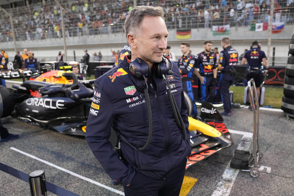 Red Bull team principal Christian Horner during the Formula One Bahrain Grand Prix at the Bahrain International Circuit in Sakhir, Bahrain, Saturday, March 2, 2024. (AP Photo/Darko Bandic)